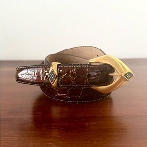 Vintage Judith Jack Brown Crocodile Leather Belt w/ Gold Rhinestone Buckle